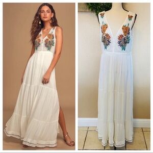 Lulu's White Maxi Dress with Floral Embroidery